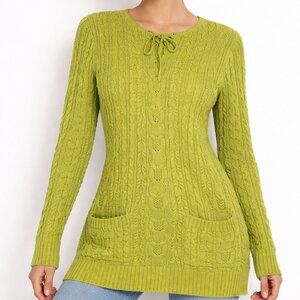 Jeanne Pierre Cable Knit Tunic Sweater Lace Up Green Womens Size Small S Pockets